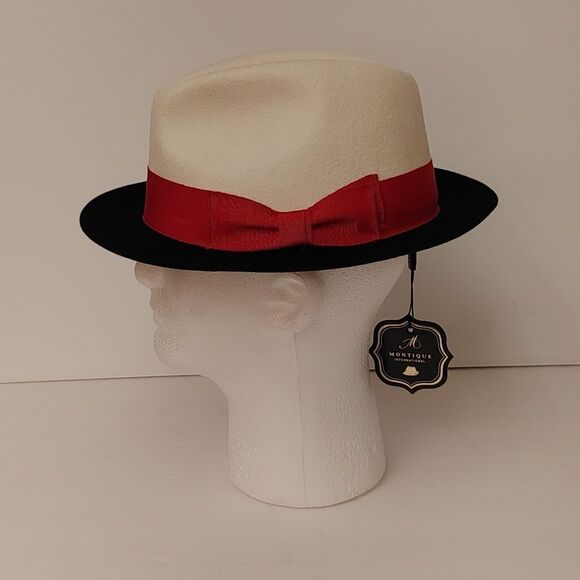 MEN'S MONTIQUE WHITE-BLACK 2 1/4" WIDE BRIM 100% WOOL FELT FEDORA HAT. H82 - Picture 2 of 8